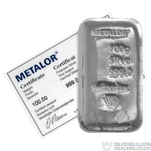 Metalor 100 Gram Silver Bar